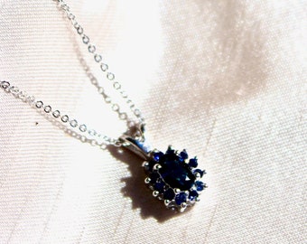 Solid 14K gold necklace with gorgeous high quality deep blue sapphires Victorian gold pendant