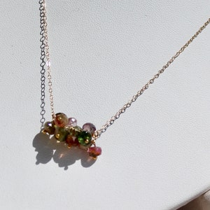 14k gold filled choker necklace with many colorful faceted beads of natural tourmalines