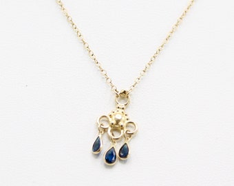 Solid 14K gold dainty necklace with beautiful natural blue sapphire pendant Ancient gold jewelry necklace