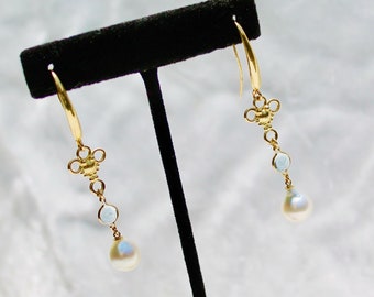 LUXURY earrings with GORGEOUS 14k solid gold long ear wires, pale blue topaz gems and South Seas baroque white pearls with very high luster