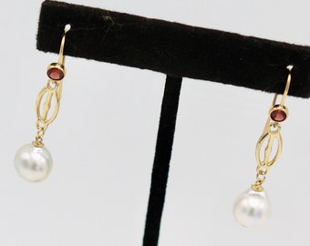 LUMINOUS white baroque pearls 14k gold earrings with dark red garnets Unique pearl earrings
