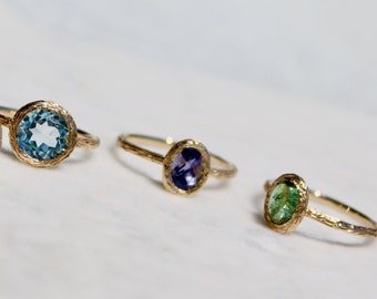 Beautiful 14k solid gold rings-Green tourmaline, peridot, blue iolite and blue topaz rings for women