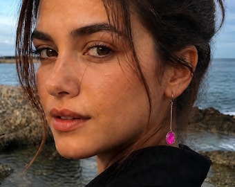 Watermelon Tourmaline Threader Earrings in 14k Gold, Long Chain, Mediterranean Chic