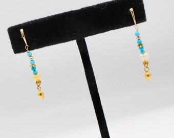 PETITE solid 14k earrings Mediterranean style with tiny turquoise and 18k solid gold accents