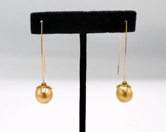 Gorgeous deep golden pearl earrings with large rounded ear wires in solid 14K gold High quality pearls