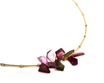 Colorful and modern gold filled tube necklace with beautiful bright pink, magenta and green tourmalines Well priced gift Quality jewelry