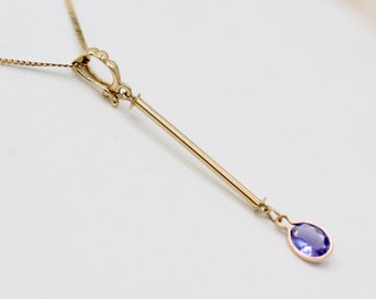 Solid 14k gold necklace Art Deco Revival with AMAZING faceted tanzanite REMOVABLE pendant