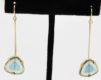 14K yellow gold threaders handmade with UNIQUE genuine tourmalines in pale blue and green hues great luxury gift for her Libra October gems