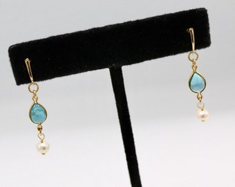 14k gold earrings Renaissance style blue tourmaline earrings with tiny white pearls