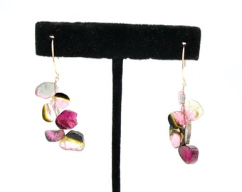 14K solid gold earrings with natural watermelon tourmalines slices Best selling jewelry Artisan made earrings