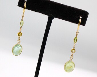 Solid 14k gold huggies drop earrings with natural citrines and green tourmalines Fine gold jewelry