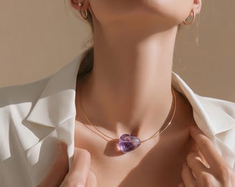 Amethyst Protective Gemstone Floating Necklace with Magnetic Clasp - Modern Gem Jewelry