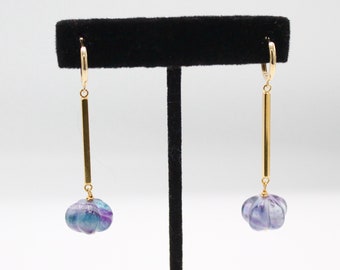 14k gold earrings with natural carved fluorite gems High fashion jewelry