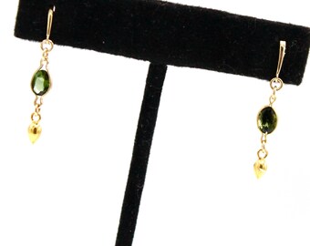 Solid 14k dainty gold earrings with deep green tourmalines Ancient gold jewelry Luxury earrings