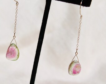 14K solid gold earrings with unique watermelon tourmaline slices