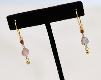 Mediterranean antiquity style PETITE earrings in 18k vermeil with gorgeous ruby, pink & blue watermelon tourmalines + 18k solid gold accents