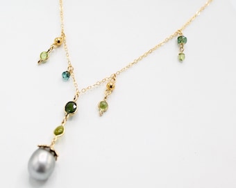 18k vermeil gold charm necklace with green tourmalines and silver Tahitian pearl Modern pearl jewelry