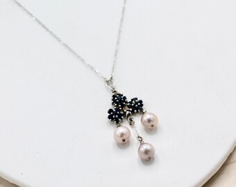 14k gold necklace with deep blue sapphires and pale pink pearls Romantic necklace