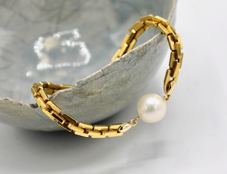 Großes weißes Perlen-Gliederarmband - Art-Deco-Stil moderner Goldschmuck Bild 1