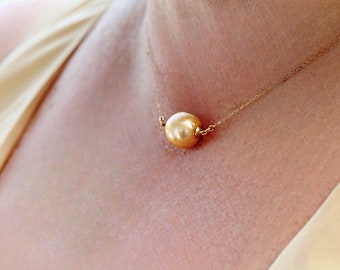 HUGE pearl necklace  Solid 14K gold choker with natural golden pearl