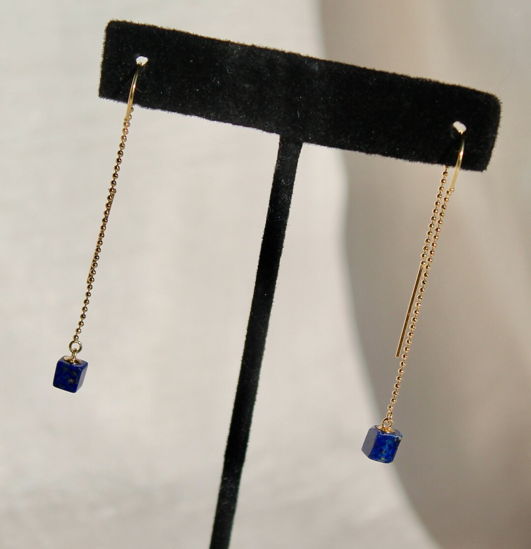 14K Solid Gold Threader Earrings With Amazing Tiny Cubes of Lapis