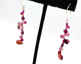 14K solid gold GEOMETRIC earrings with natural pink tourmaline and red garnets