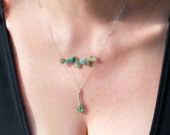 Green tourmaline solid 14k gold necklace Modern fine jewelry White gold lariat necklace