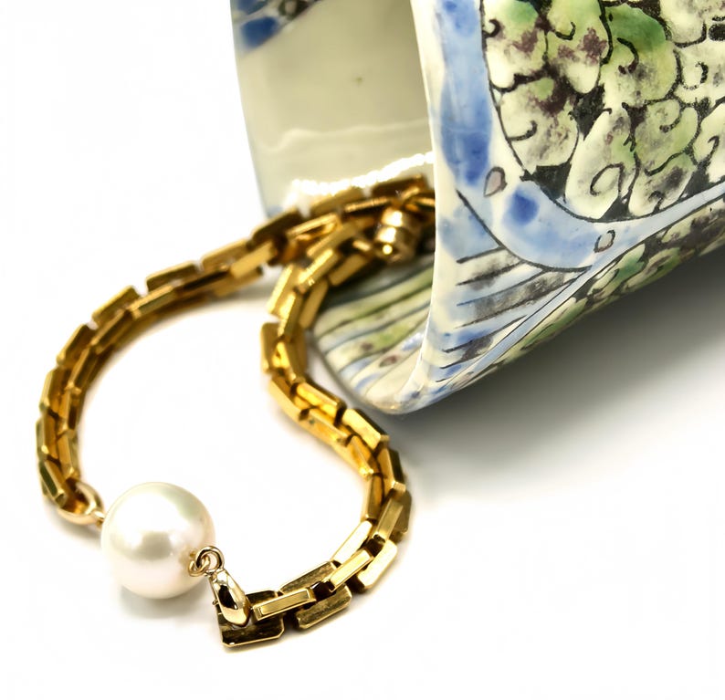 Großes weißes Perlen-Gliederarmband - Art-Deco-Stil moderner Goldschmuck Bild 5