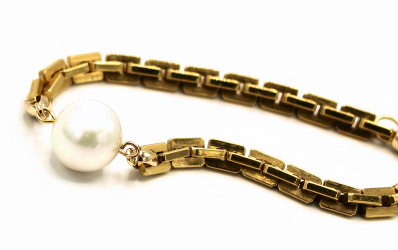 Großes weißes Perlen-Gliederarmband - Art-Deco-Stil moderner Goldschmuck Bild 4