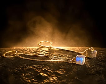 14K Gold Threaders with Labradorite Gems Simple Earrings: Geometric Cube Dangles