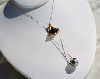 14K solid gold Art Deco style necklace with smoky topaz and silver Tahitian pearl