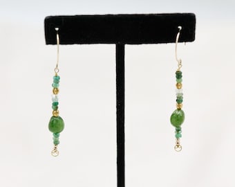 14k solid gold earrings Mediterranean style with tiny emeralds and green tourmalines Ornate solid gold accents Antiquity style gift for her