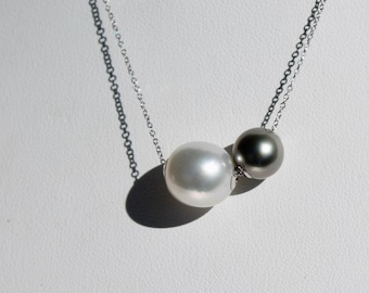 14k solid white gold chain necklace with duo of beautiful Tahitian and South Sea pearls