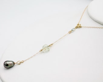 Solid 14k gold lariat with Tahitian pearl, blue topaz and green amethyst Art Deco Revival