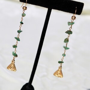 Long 22K Vermeil gold citrine earrings with natural emerald vermeil chain and Byzantine gold accents