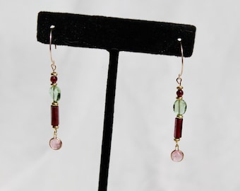 14K solid gold earrings with pink & green tourmalines, garnets, and 22k brass small beads