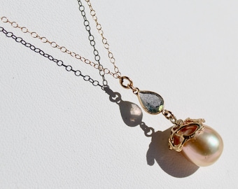 Beautiful large champagne South Sea pearl solid gold necklace with labradorite pear gem