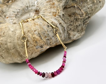 COLORFUL 14k vermeil bracelet with bright PINK & RED top quality natural beads of ruby, spinel and tourmaline Summer bracelet Unique style