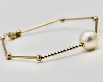 Modern versatile PEARL BRACELET with white natural South sea pearl and solid gold tubes and beads UNIQUE gift Timeless elegance