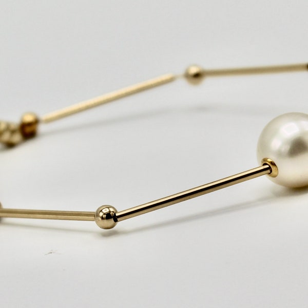 Modern versatile PEARL BRACELET with white natural South sea pearl and solid gold tubes and beads UNIQUE gift Timeless elegance