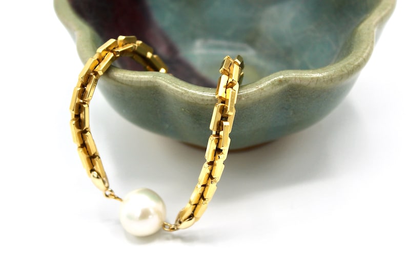 Großes weißes Perlen-Gliederarmband - Art-Deco-Stil moderner Goldschmuck Bild 3