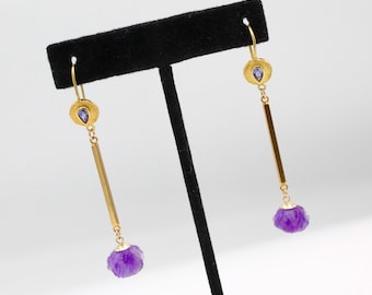 18k gold vermeil earrings with blue tanzanites and carved purple amethysts High fashion jewelry