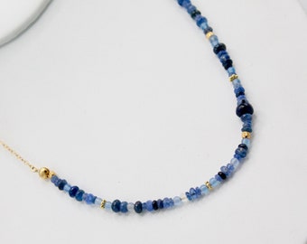 Gold sapphire choker with varied blue gems Artisan made jewelry ASYMMETRIC necklace