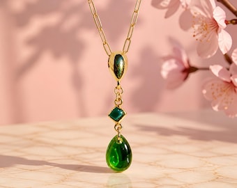Green Tourmaline Necklace, 14k Gold Paperclip Chain, October Birthstone Designer Jewelry