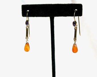 Carnelian earrings Art Deco short gold earrings in 18k vermeil with blue iolites Trending now