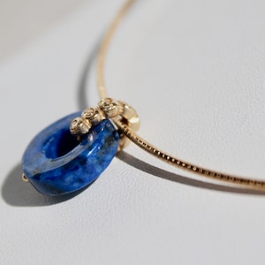 14K Ancient gold jewelry lapis lazuli pendant with Omega chain Artisan made jewelry