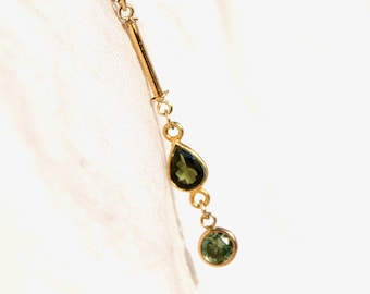 Art Deco solid 14k gold necklace with green tourmaline and blue zircon