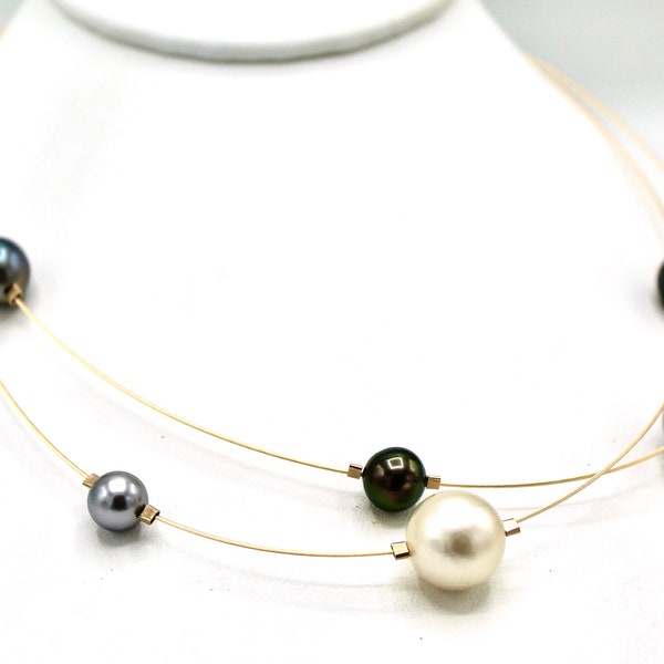 14k gold FLOATING necklace with several Tahitian & South Sea round pearls of different colors on 24k soft wire UNIQUE choker LUXURY gift