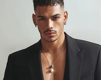 Mens Pearl Necklace Tahitian Black & Silver Duo with Magnetic Clasp