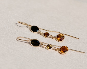 14k gold threaders Luxury dressy earrings with natural yellow and deep green tourmalines